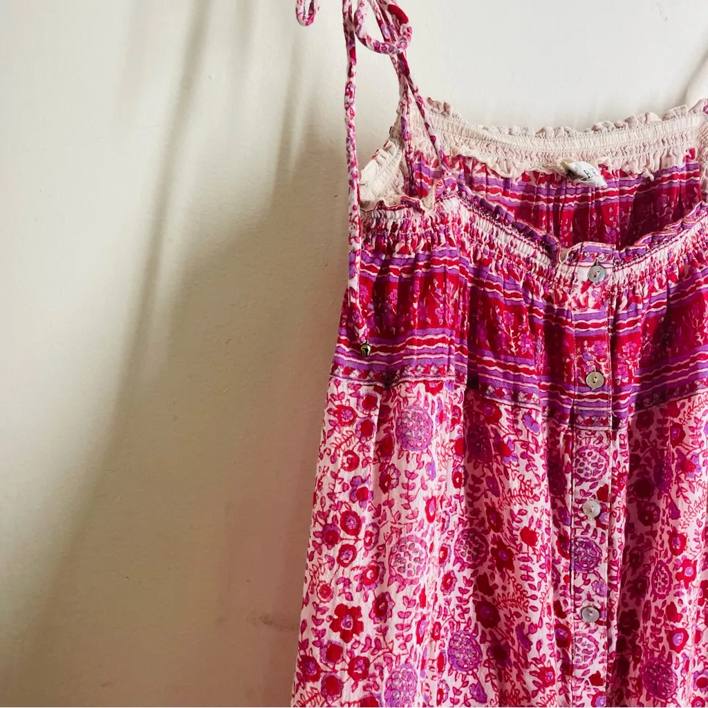 M.A.B.E Button Front Cotton Floral Smocked Midi Dress Pink Boho Tie Straps sz M Size M - Image 8