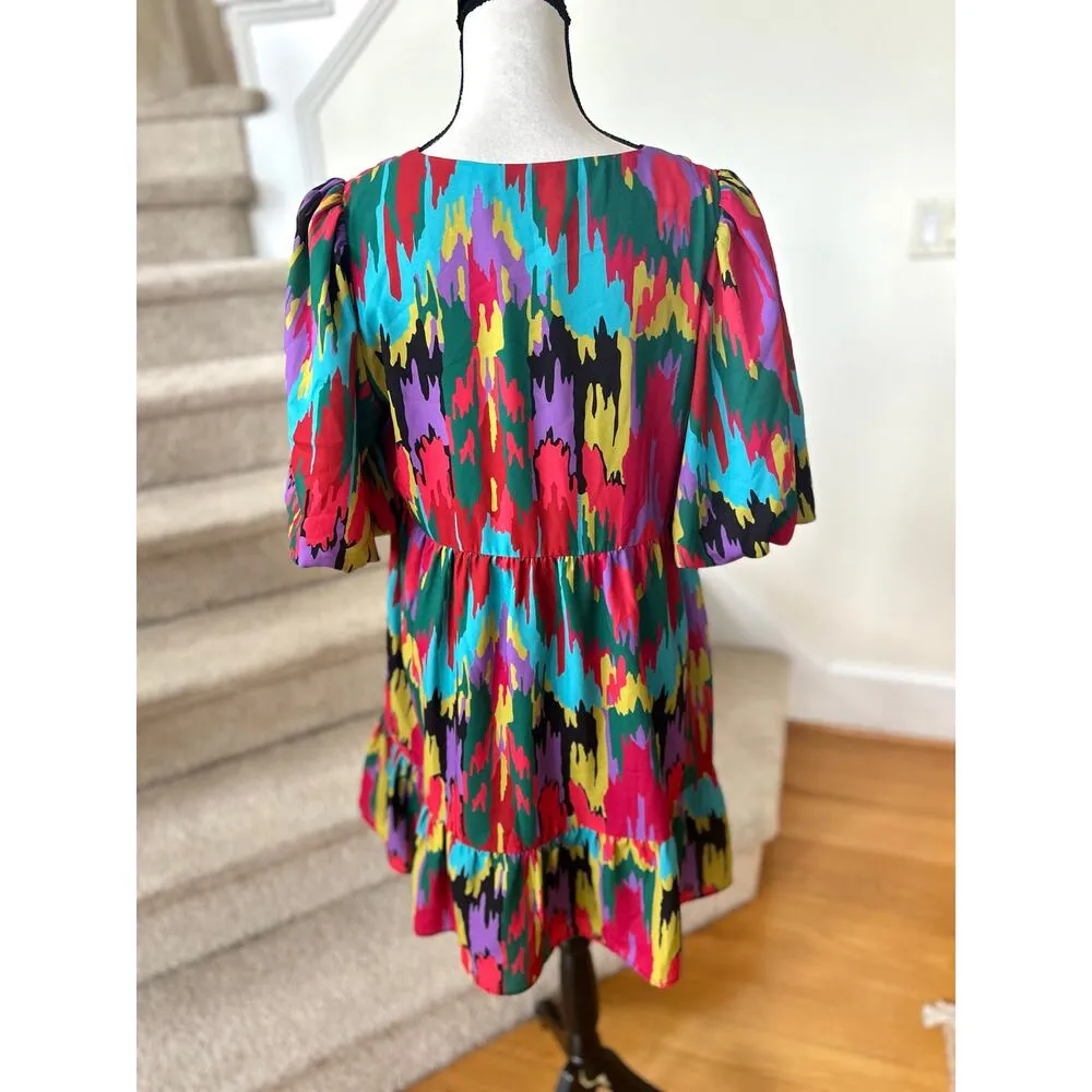 Crosby by Mollie Burch Red Multicolor Abstract Ikat Print Puff Sleeve Dress - Image 3
