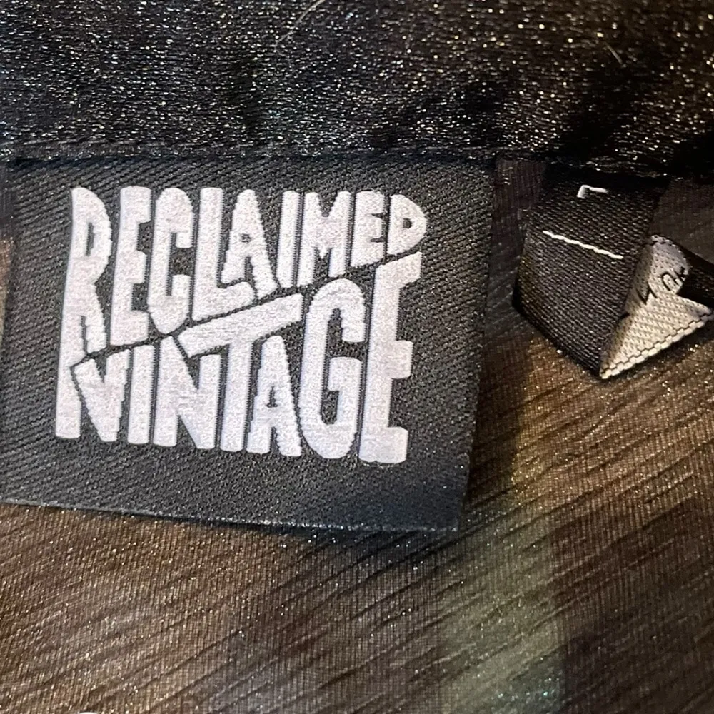 Reclaimed Vintage Black Green Sheer Holiday Plaid Long Sleeve Button Up Blouse Size L - Image 3