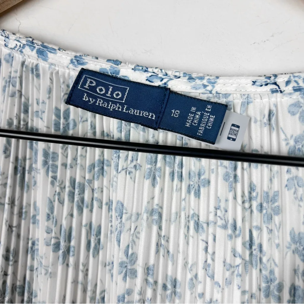 Polo Ralph Lauren Olea Floral Plisse Satin Blue White Floral Pleated Midi Dress - Image 14