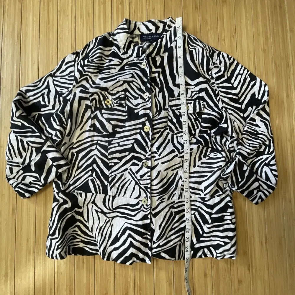 Jones New York Signature Linen Zebra Print Shirt Shacket Womens Sz L 3/4 Sleeve - Image 10