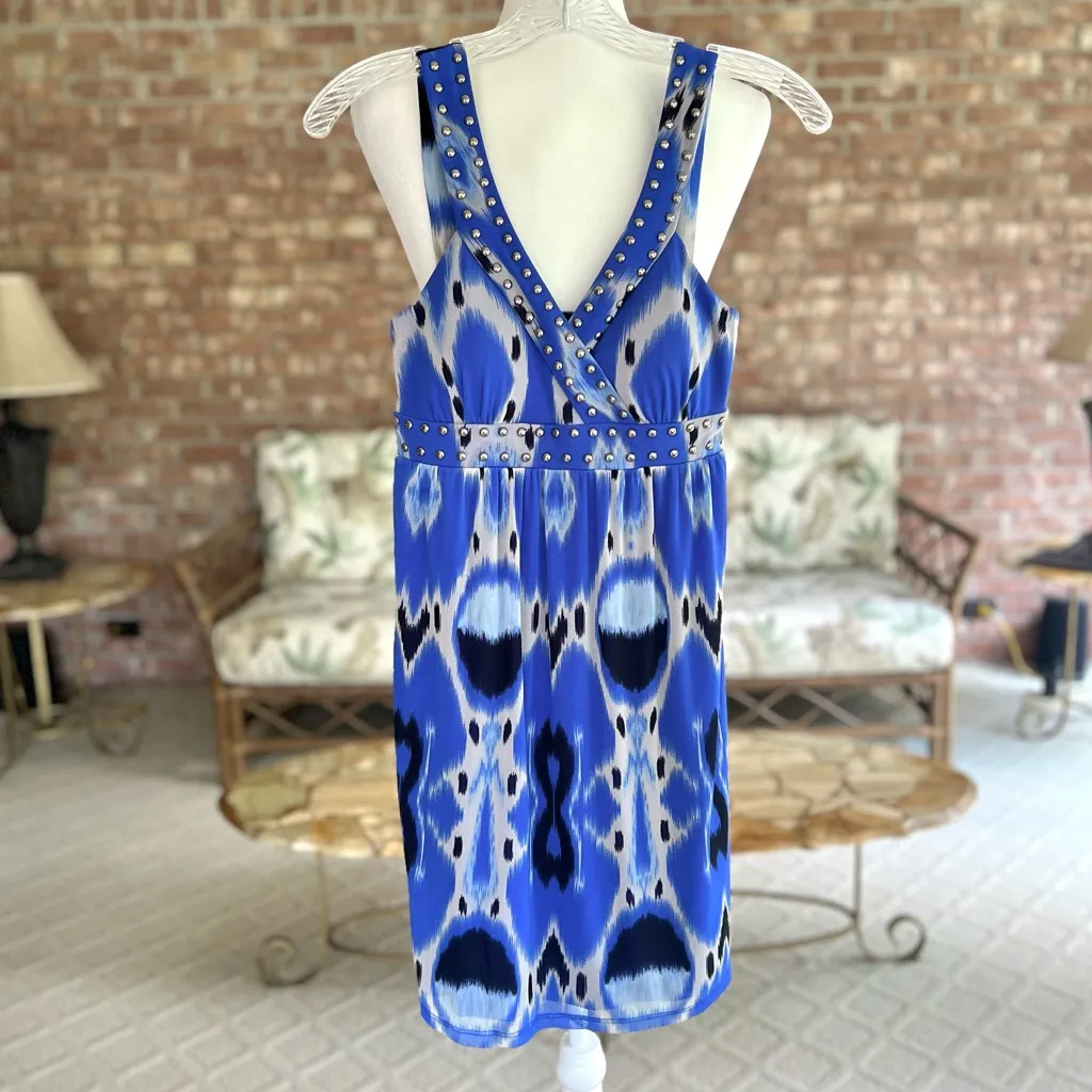 INC Dress Tie Dye Ikat StuddedEmpire Waist Blue XS Mini Sleeveless Sundress Mod - Image 2