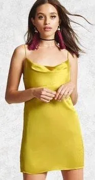 Yellow Satin Cowl Neck Mini Dress - Image 2