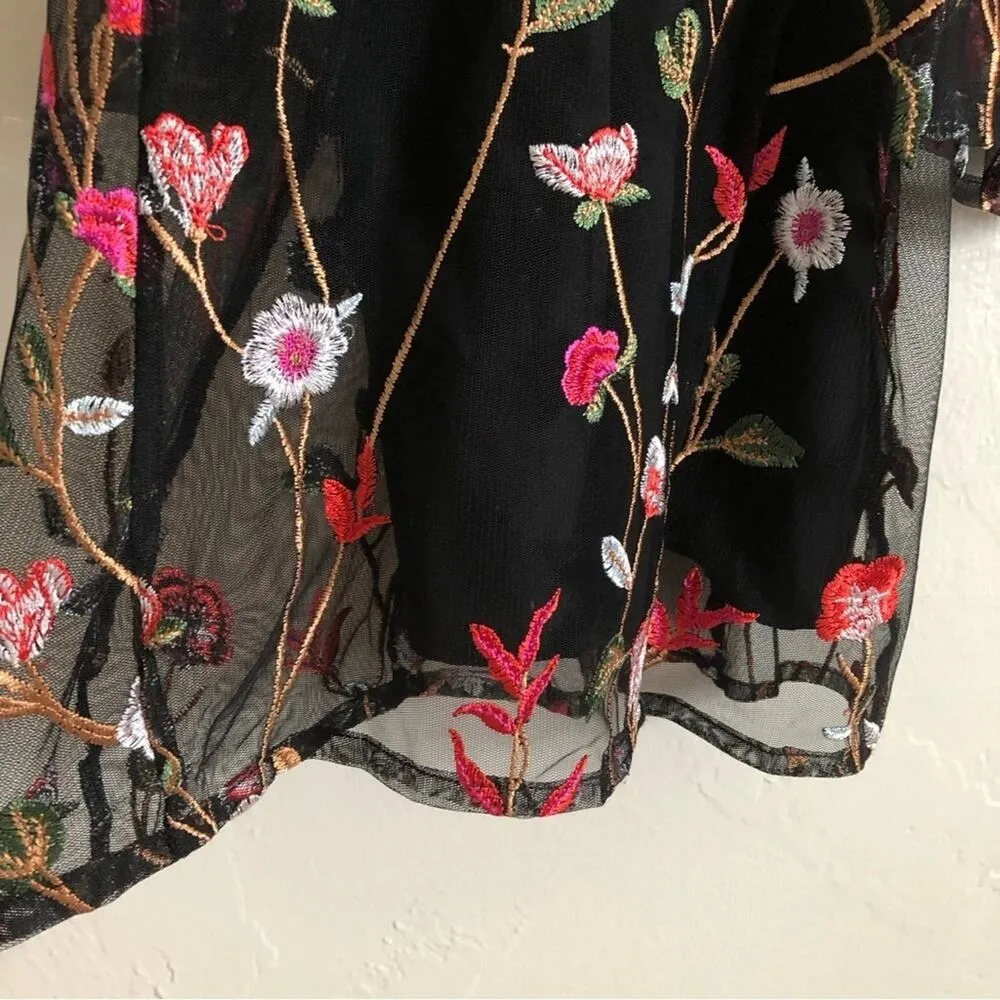 Guess Black Embroidered Floral Open Shoulder High Neck Bell Sleeves Mini Dress - Image 5