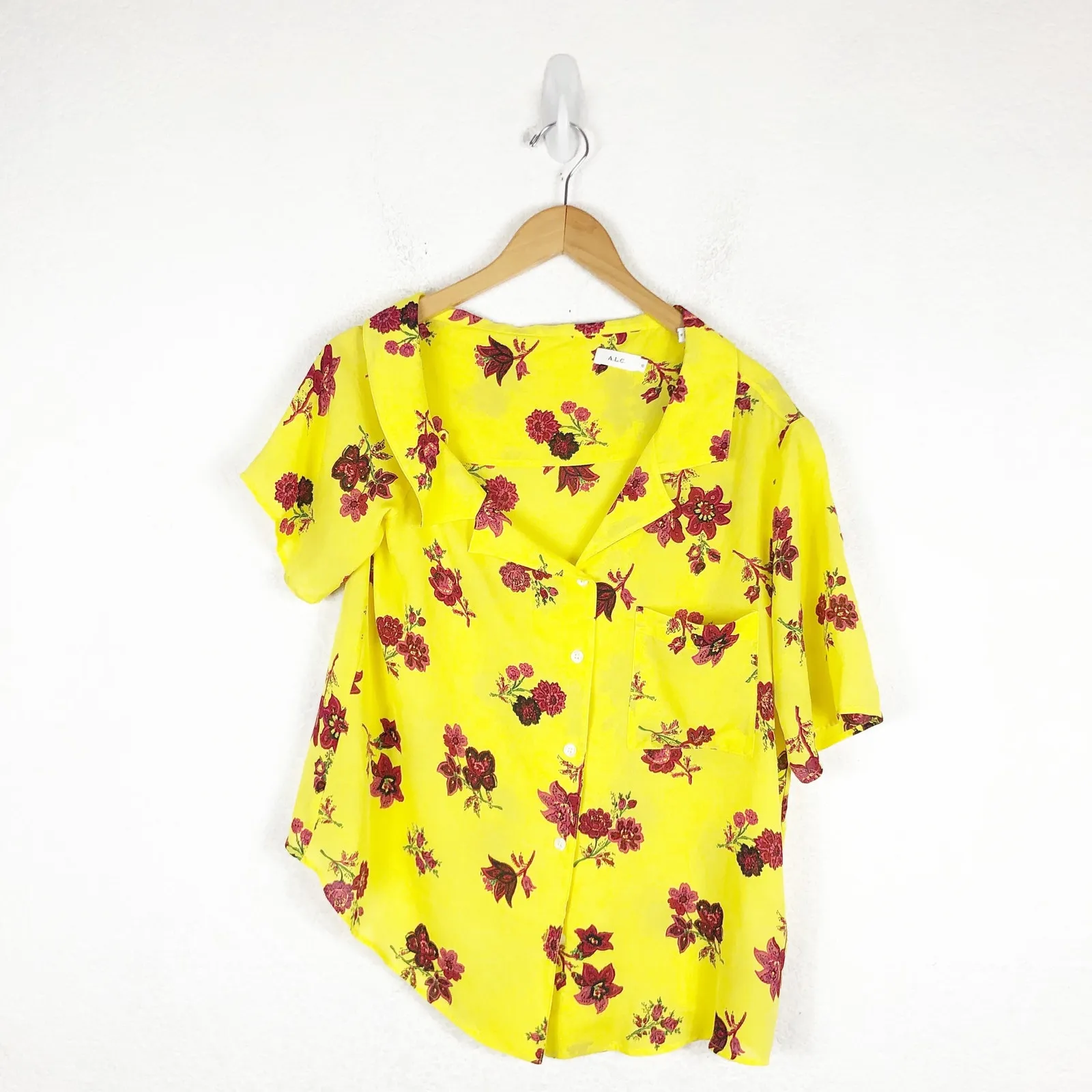 A.L.C. Josephine Yellow Floral Off Shoulder 100% Silk Top Size 10 Bohemian - Image 4
