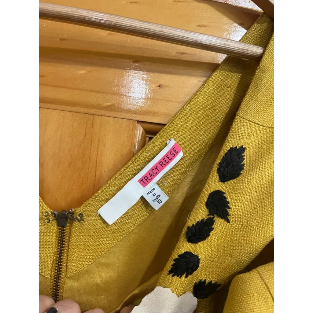 Tracy Reese Silk Dress 10 Yellow Floral Embroidered Fit & Flare Cocktail Party - Image 2