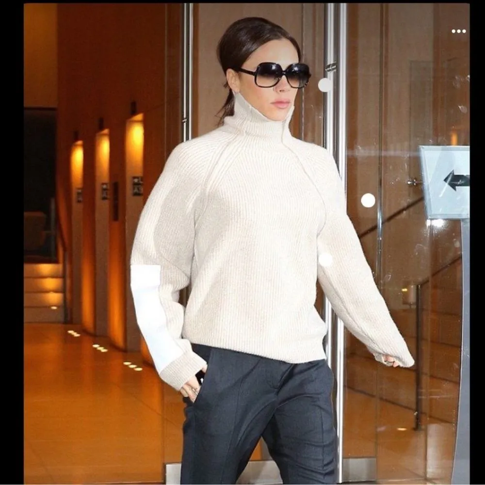 Victoria Beckham RARE Lambswool Military Patch Sleeve Jumper Sweater Luxe Tan M - Image 4