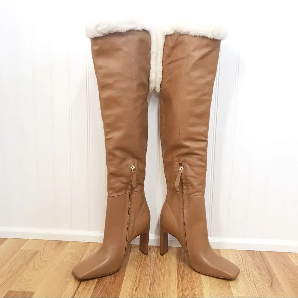 BCBGMAXAZRIA‎ Tan Leather Over The Knee Boot Faux Fur High Block Heel Size 7 - Image 7
