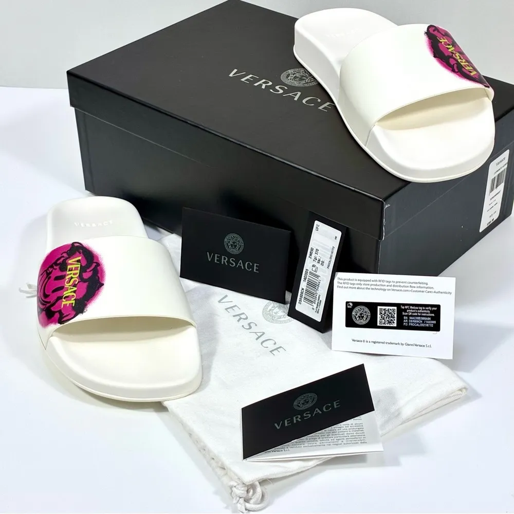 Versace Medusa Smiley Slide Sandals White Fuchsia 7 US 37 EU NEW - Image 5