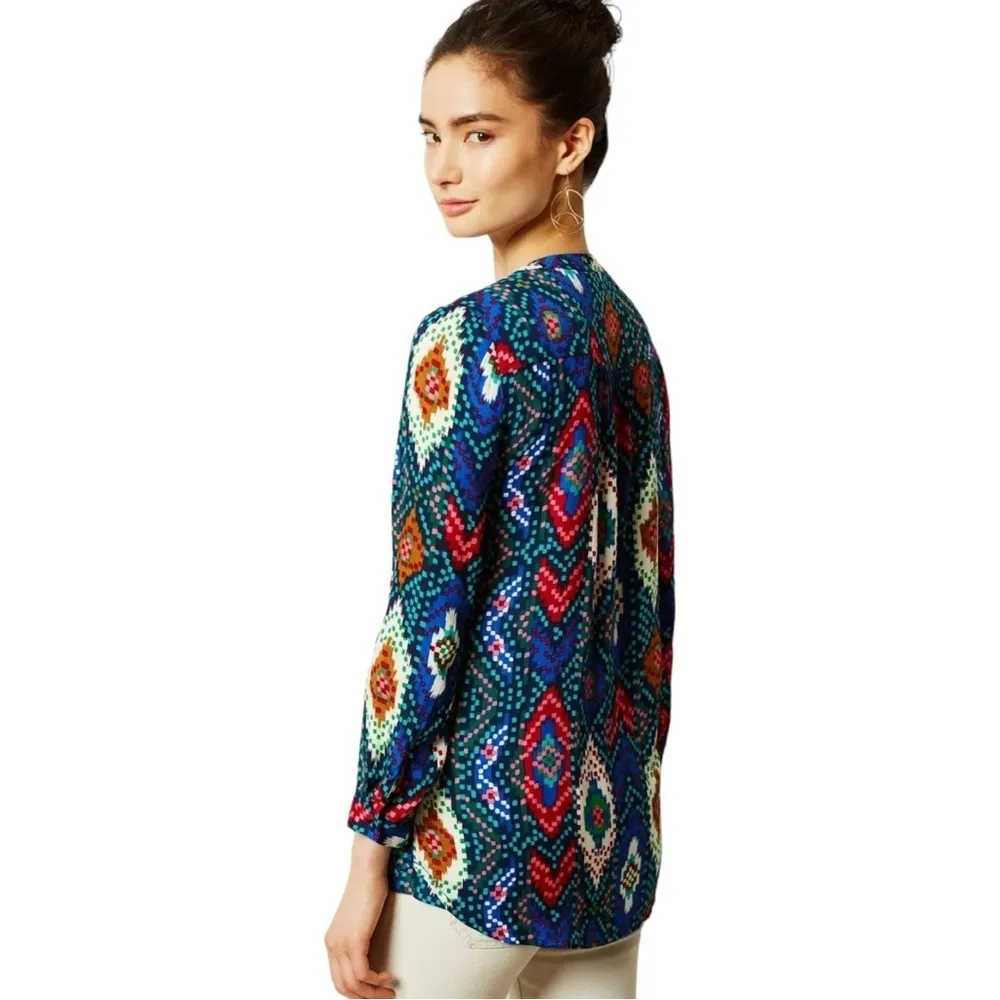 Maeve Anthropologie Topoxte Geometric Ikat Button Front Blouse Shirt Sz 0P Blue - Image 2
