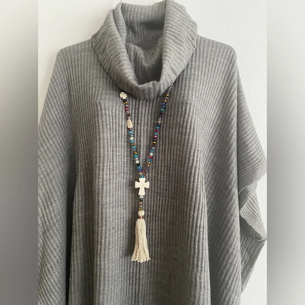 1Pc Boho Sweater Necklace Colorful Beaded‎ Cream Tassel Cross Charm Fashion Blue - Image 2
