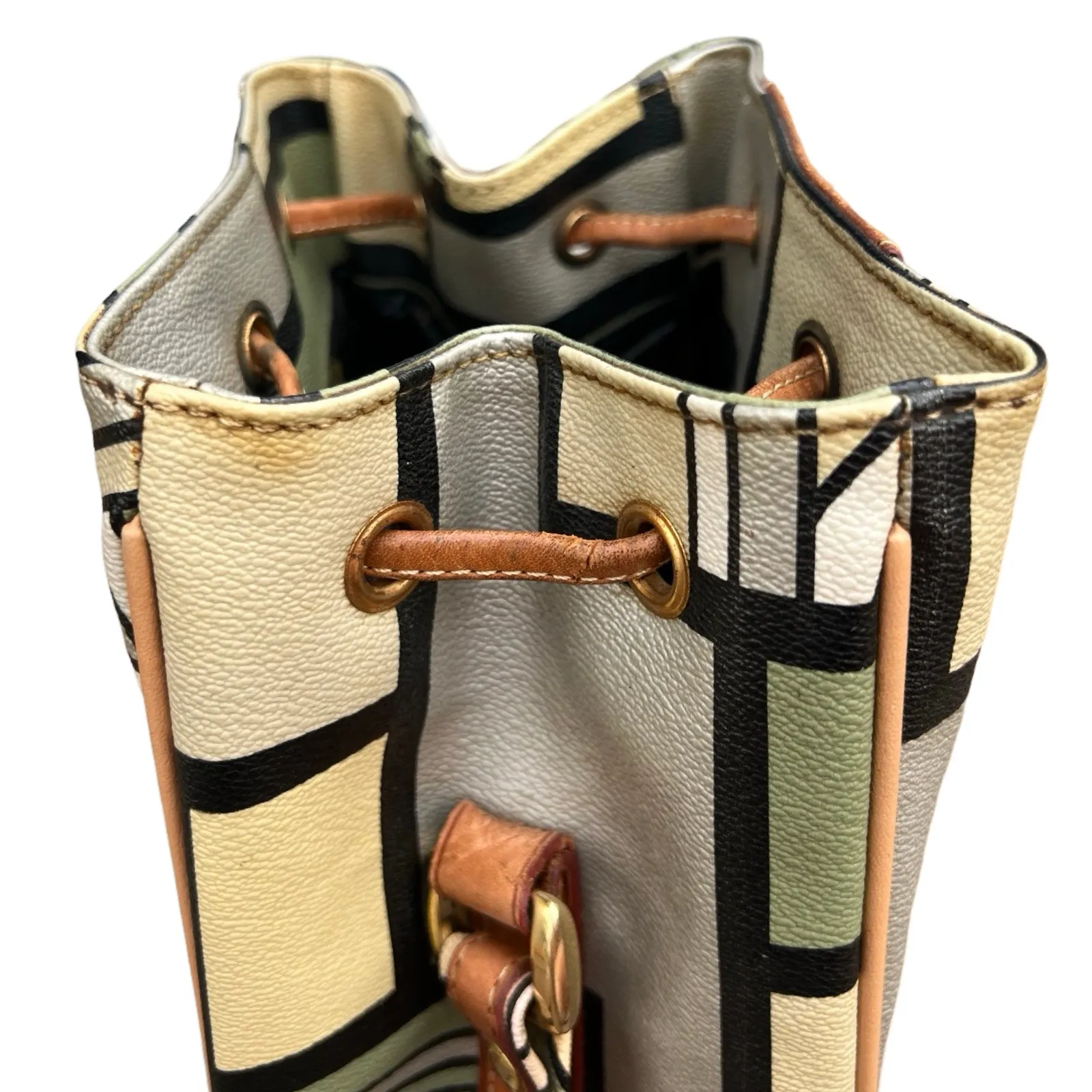 Double Fish 90s Leather Geometric Beige Green Silver Drawstring Shoulder Bag - Image 16