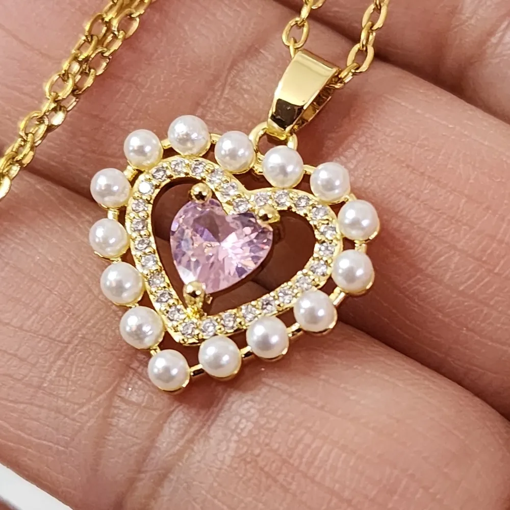 Gold Chain Necklace with Heart Pendant Pink CZ - Image 3