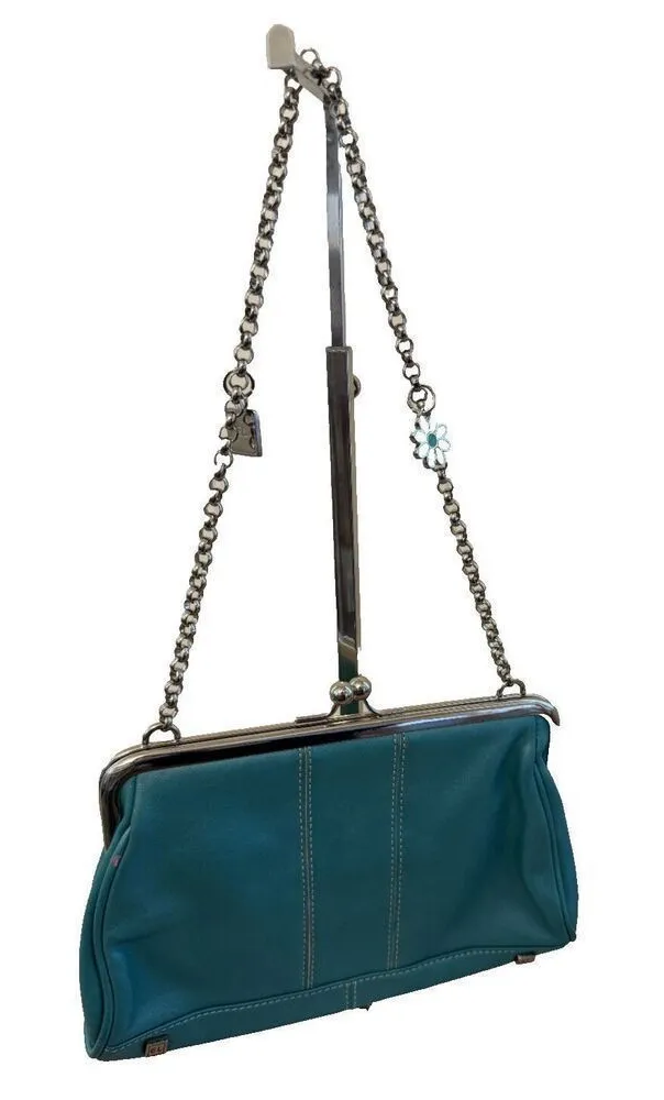 Elliot Lucca LeatherTeal Clutch Purse Handbag Kiss Lock Chain Charms - Image 1