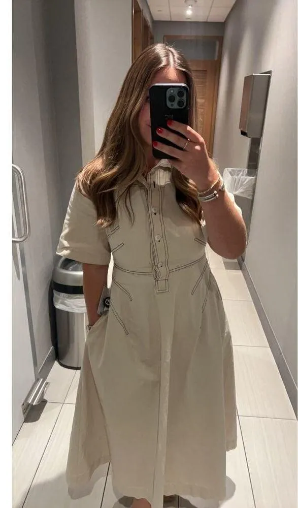 ROSETTA GETTY x RTR Beige Twill Collared Short Sleeve Bone Stitching Dress 0 - Image 11