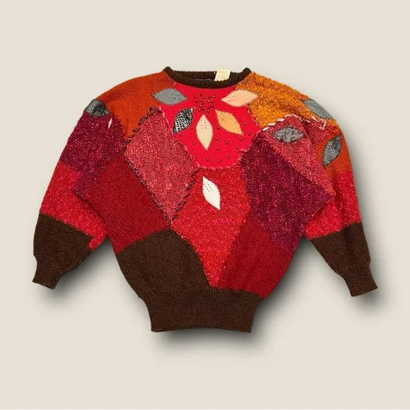 ★ Vintage 80s Patchwork Color Block Knitted Leaf Pattern Sweater from 20 Ans ★ Red Size M - Image 1