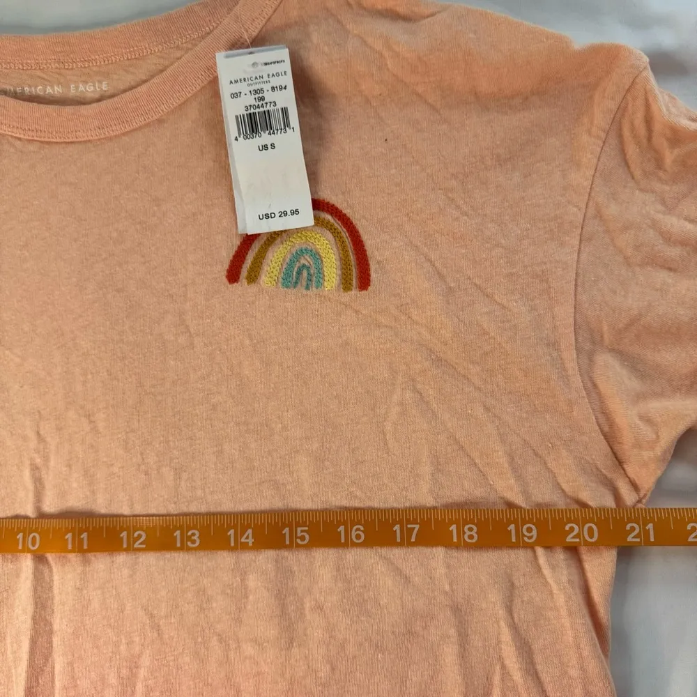 American Eagle Women Size S Orange Ombre Rainbow Embroidered Crew T Shirt Cotton - Image 3