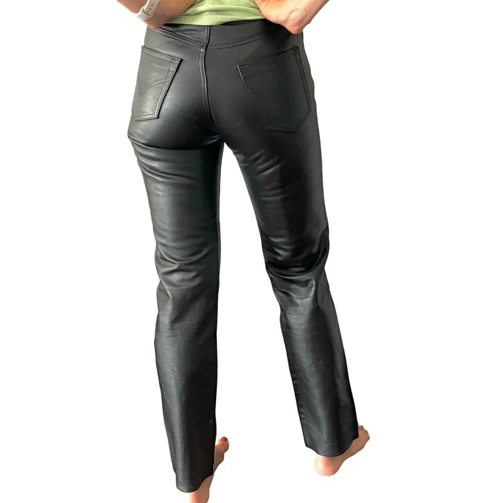 Vintage Leather High Waist Button Fly Black Straight Leg Leather Pants 28 - Image 4