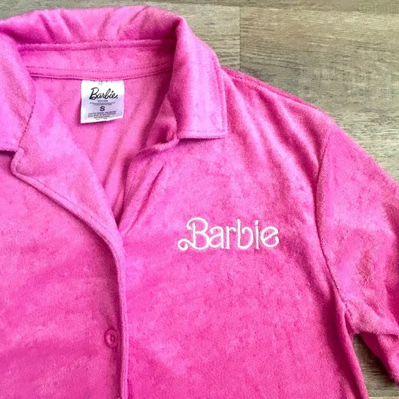 Barbie Top Womens Terry Cloth Button Up Short Sleeve Crop Halloween Size S NWOT Pink - Image 2