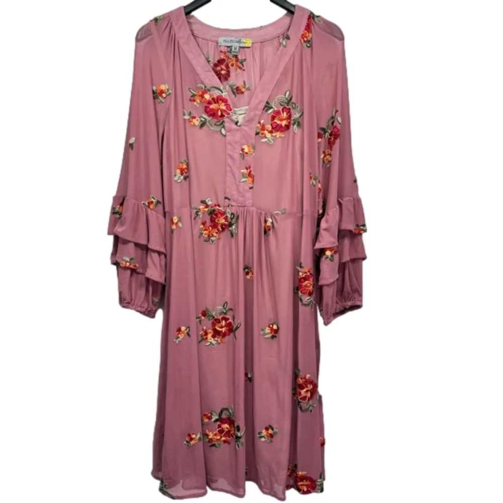 Mauve Embroidered Flower Sheer Overlay Ruffle Midi Dress by Figueroa & Flower Pink Size M - Image 2