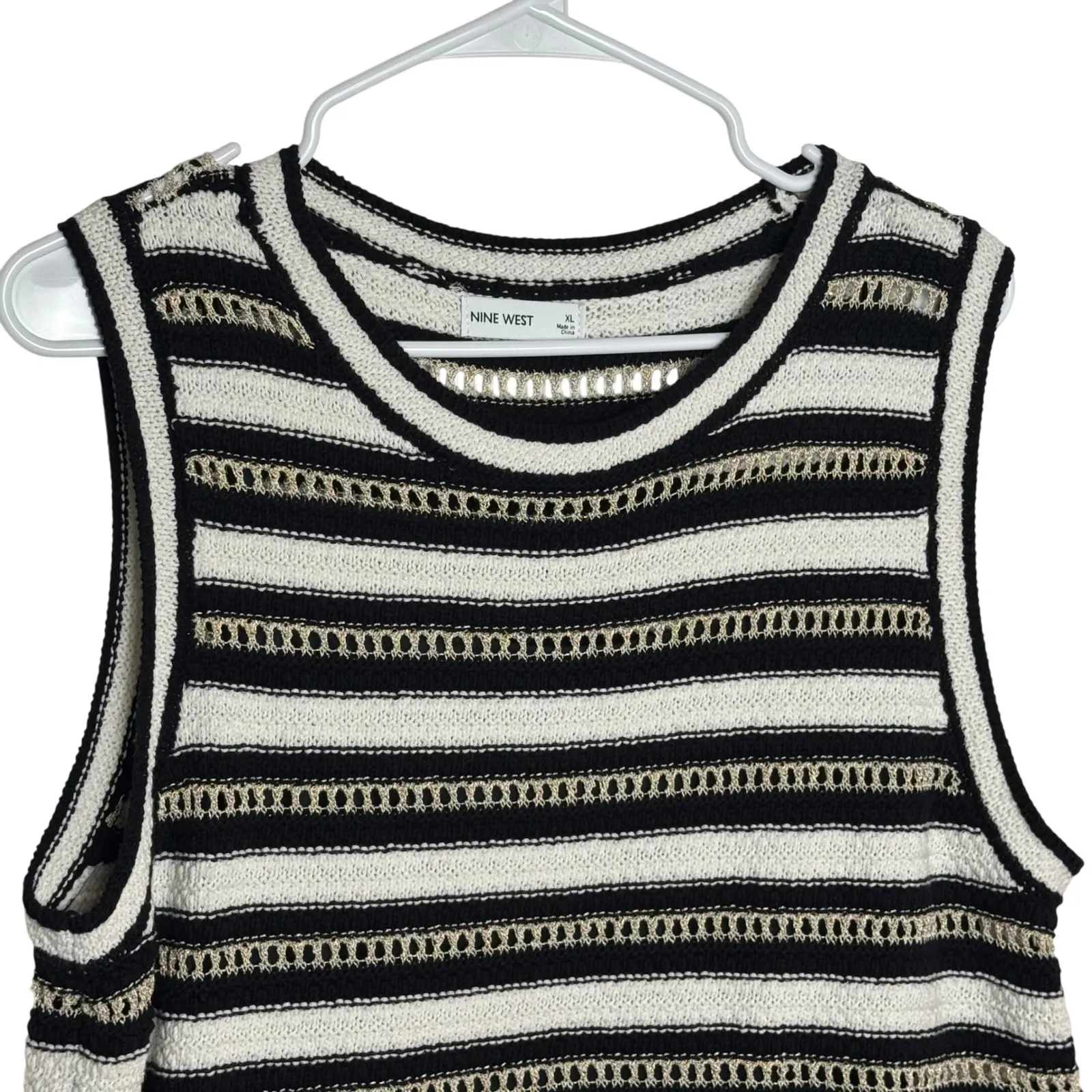 Nine West Black White Stripe Knit Tank Top XL Metallic Gold Detail Sleeveless - Image 3