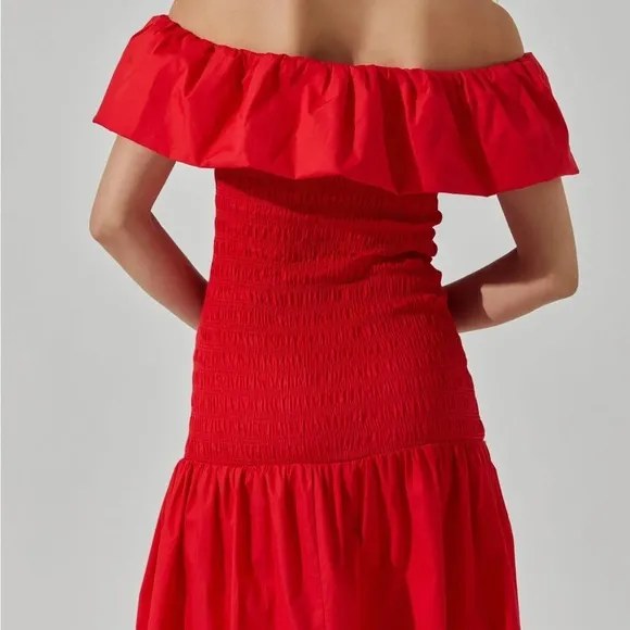 ASTR The Label Off the Shoulder Cotton Red Ruffle Midi Dress Size Small - Image 3