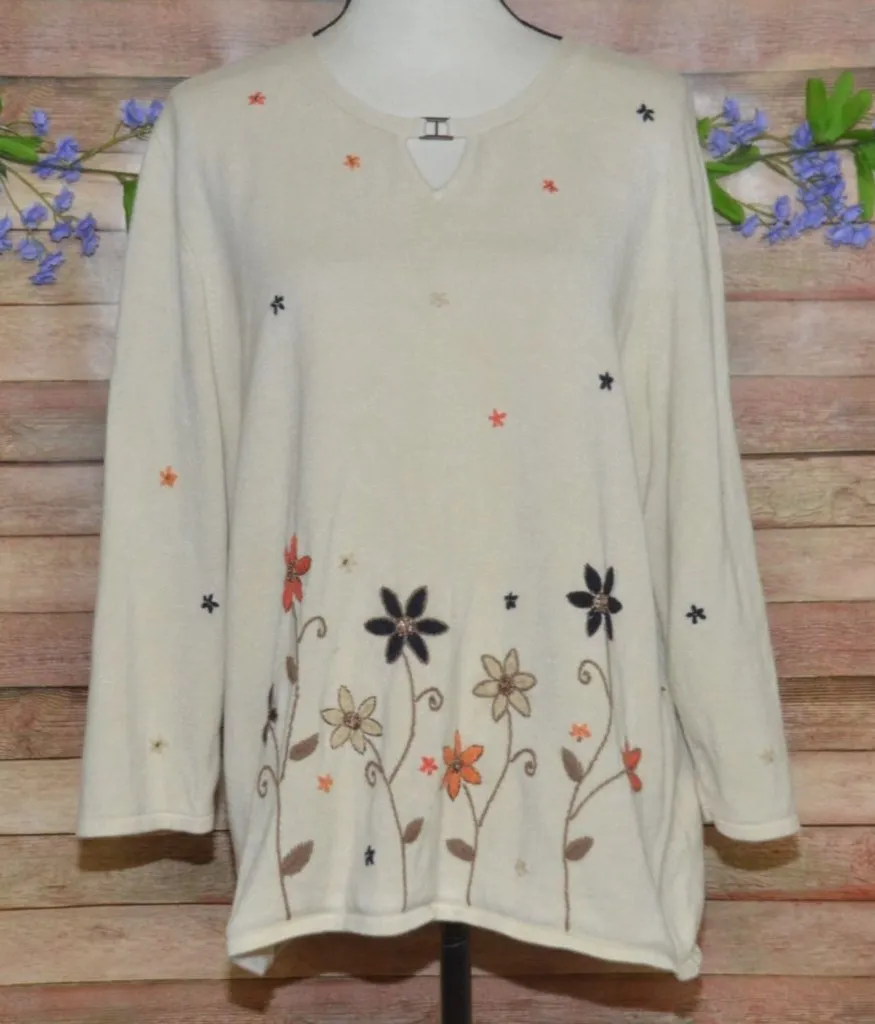 Alfred Dunner Petite Floral Sweater Beaded Embroidered Plus1X V-Neck Granny - Image 1
