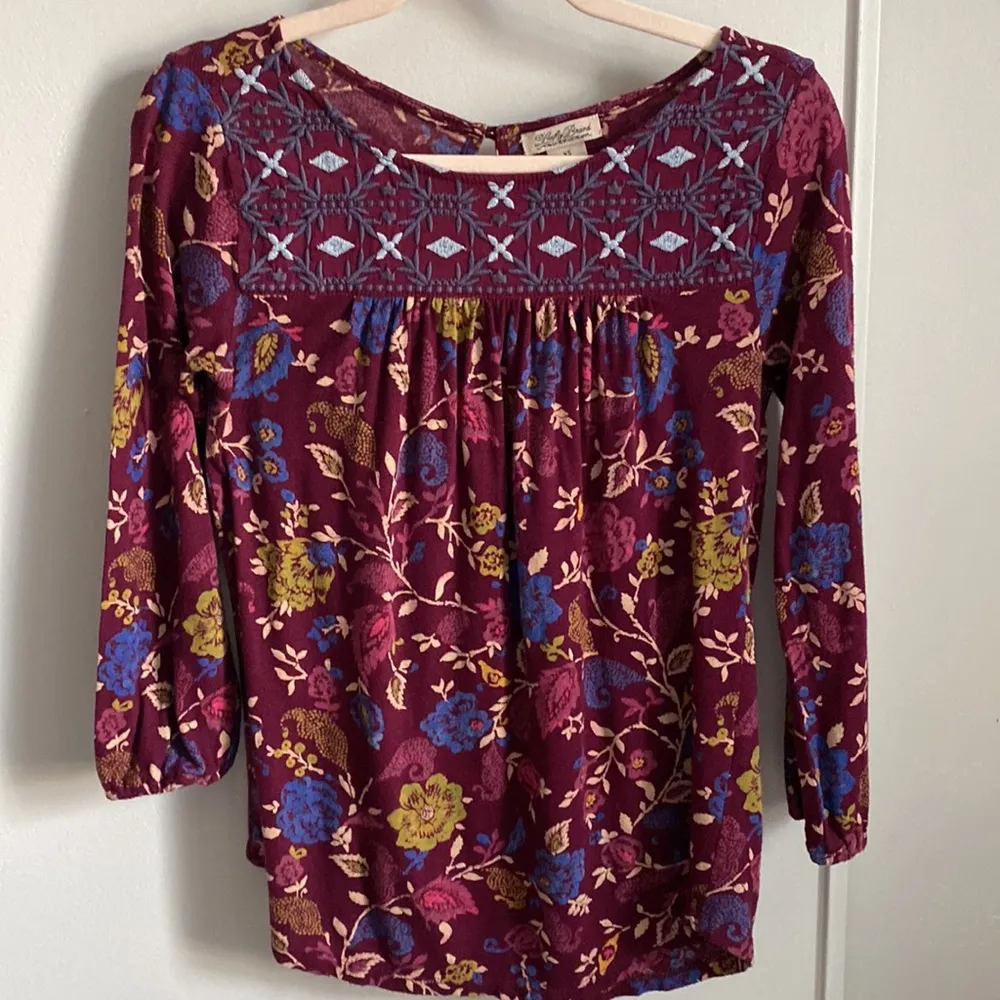 Lucky Brand Women’s Boho Floral Print Embroidered Peasant Top Blouse Size XS - Image 2