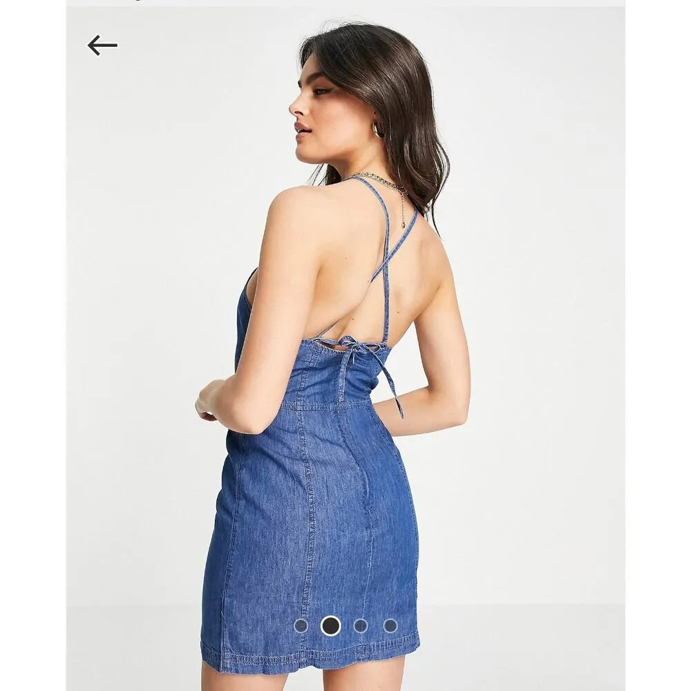 ASOS Lightweight Soft Denim Halter Slip Dress Criss Cross Straps EUC Sz 12 Mini - Image 15