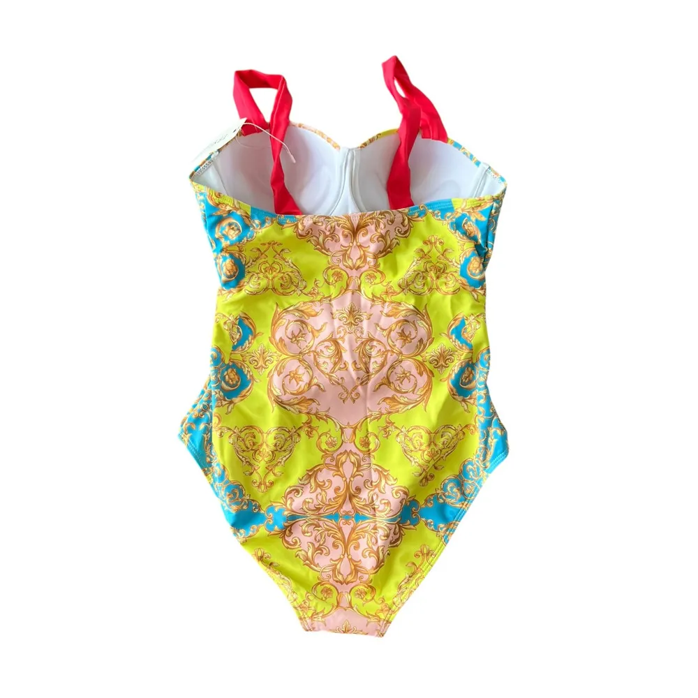 TFY Collection Grecian Scroll Print 1pc Bathing Suit Sz M Rhinestone Buckle NEW Yellow Size M - Image 5