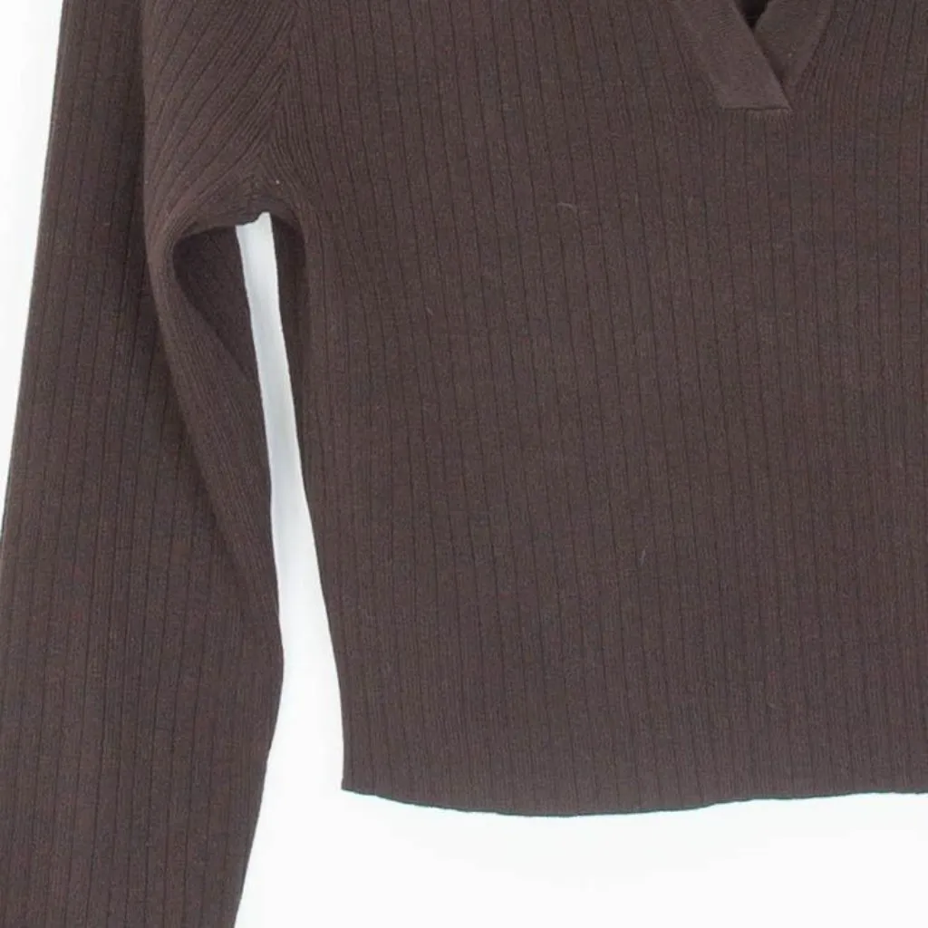 Wayf '98 Womens V Neck Crop Ribbed Sweater Size L‎ Brown Long Sleeve Preppy Y2K - Image 3