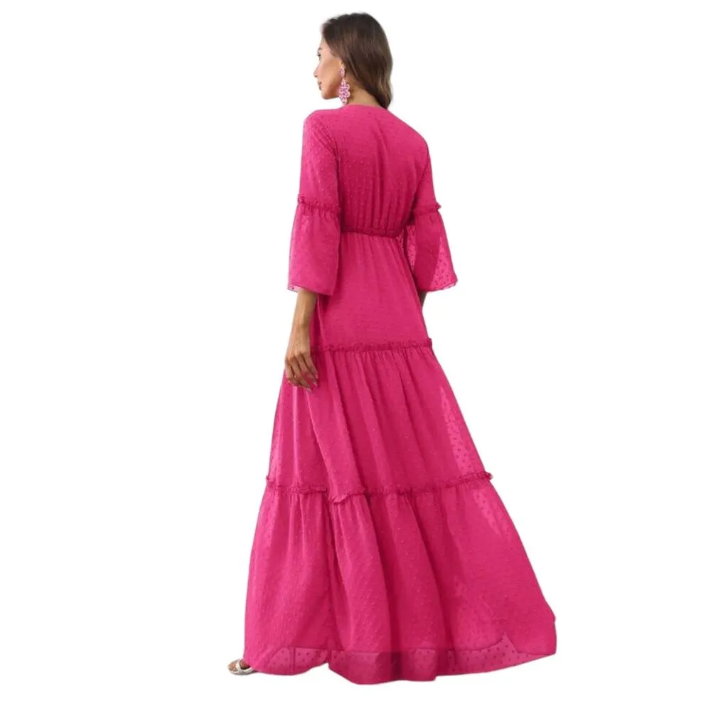 Faeriesty Swiss Dot Surplice Neck Flounce Sleeve Ruffle Hem Dress - Image 9