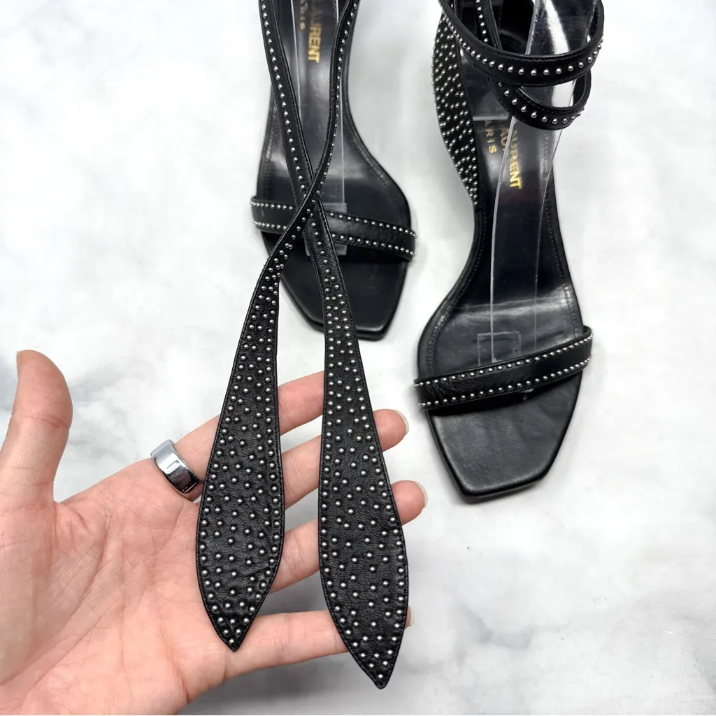 Saint Laurent Charlotte Studded Square Toe Low Kitten Sandal Heels Black 35.5 - Image 8