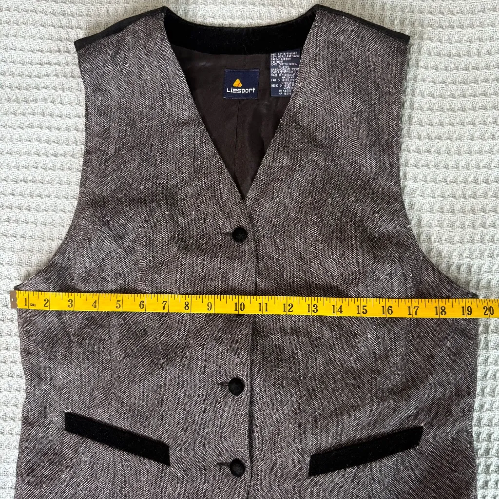Vintage Lizsport Tweed Wool Velvet Vest Womens 10 Gray Black Button Down 90s 80s - Image 6