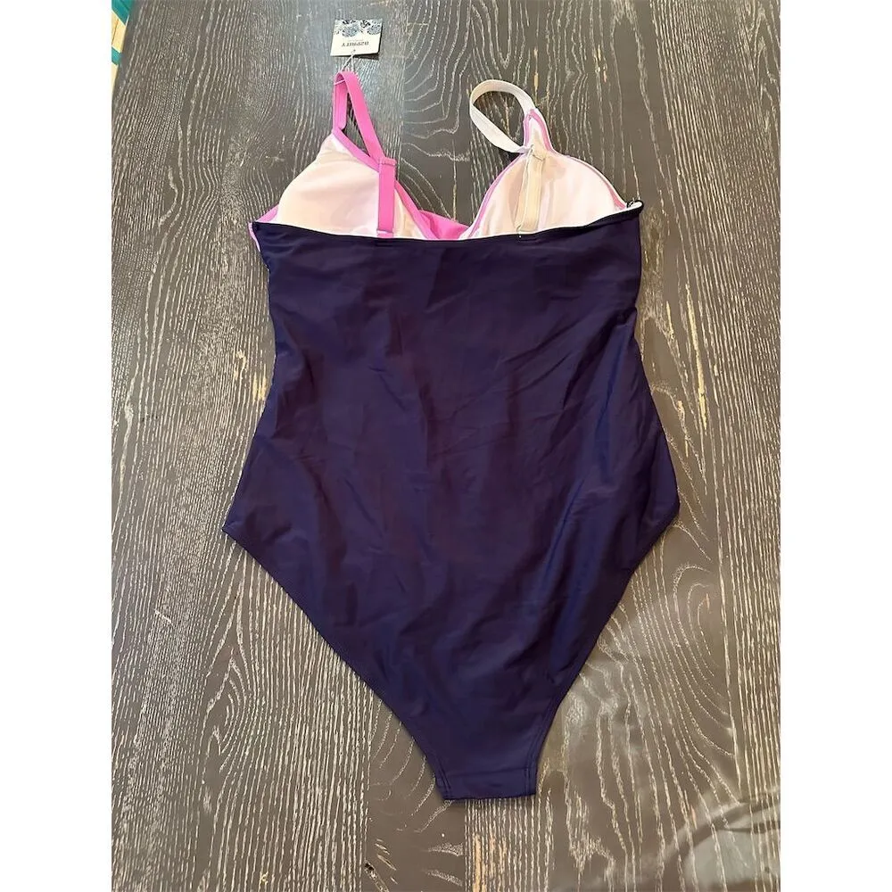 Women's Colorblock One Piece Swimsuit XXL Multicolor Beachwear Pink - Image 6