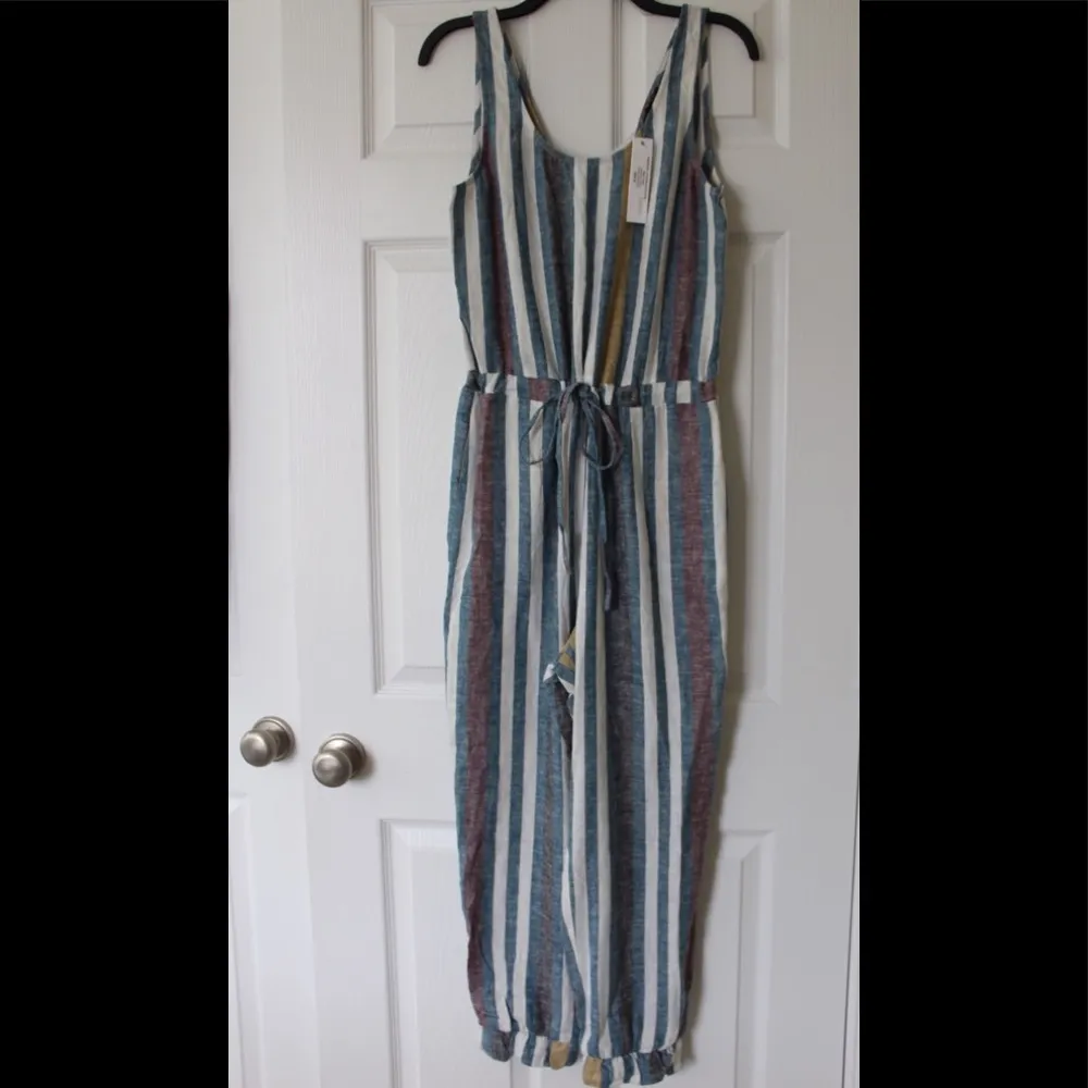 Drew | Mustard Teal Stripe Tie Waist Jumpsuit - Image 9