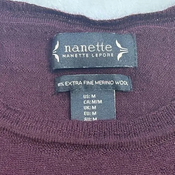 Nanette Lepore Women's‎ Burgundy 100% Extra Fine Merino Wool Sweater Ruffle Sz M - Image 4