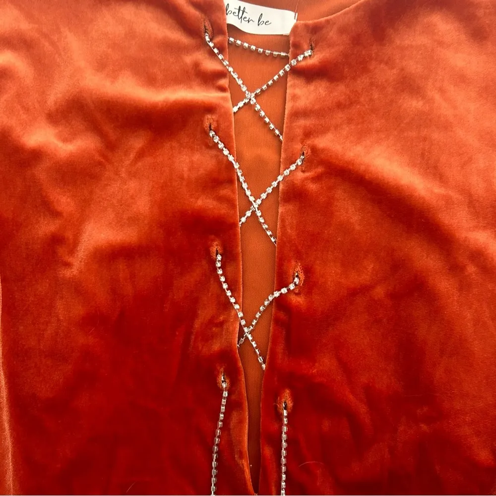 Orange velvet velour rhinestone lace up front crop top - Image 3