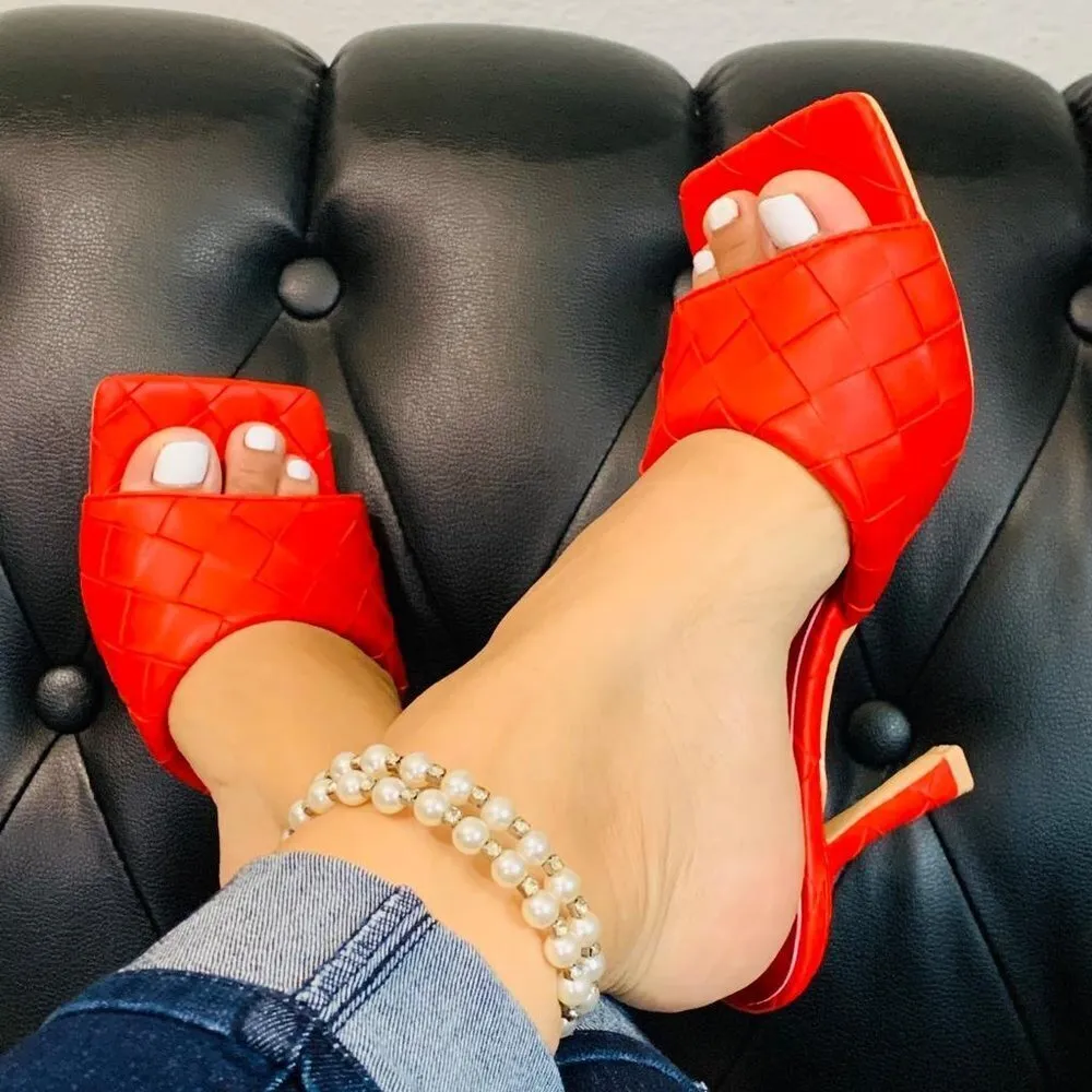 Red Leather Women PeepToe Sexy Heels Slip On Party Christmas Sandals Size 6.5‎ - Image 6