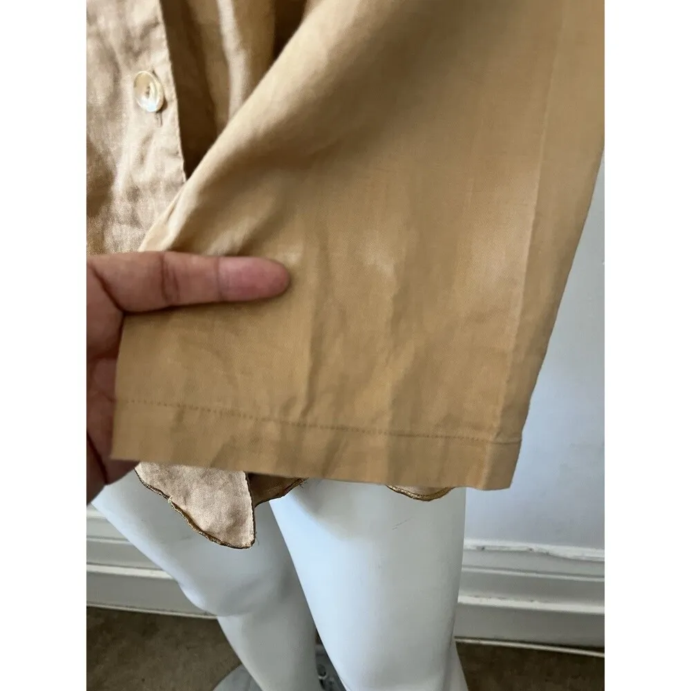 Lino USA Womens Linen Blazer Jacket Size XL Beige 3/4 Sleeve Cut Out Lace Button - Image 6