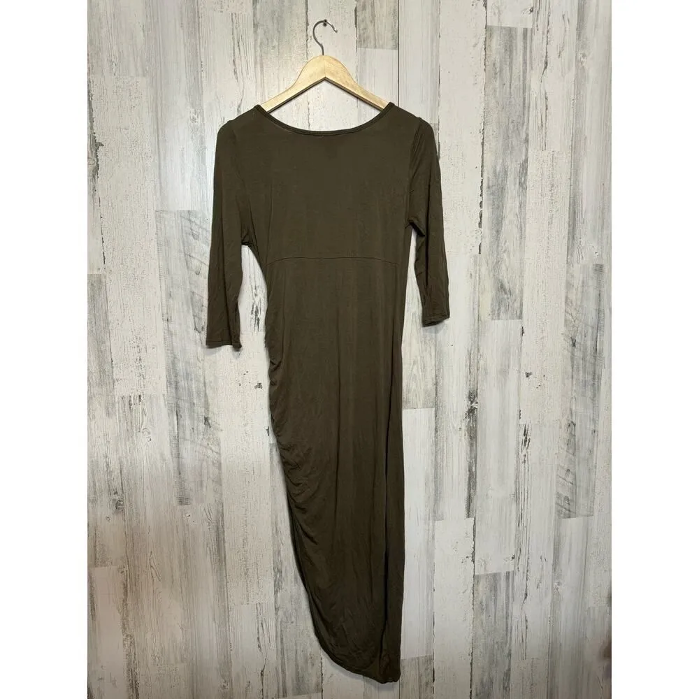 Hot Kiss Olive Green Draped Maxi Dress Ruched Side Long Sleeve Size XL - Image 4