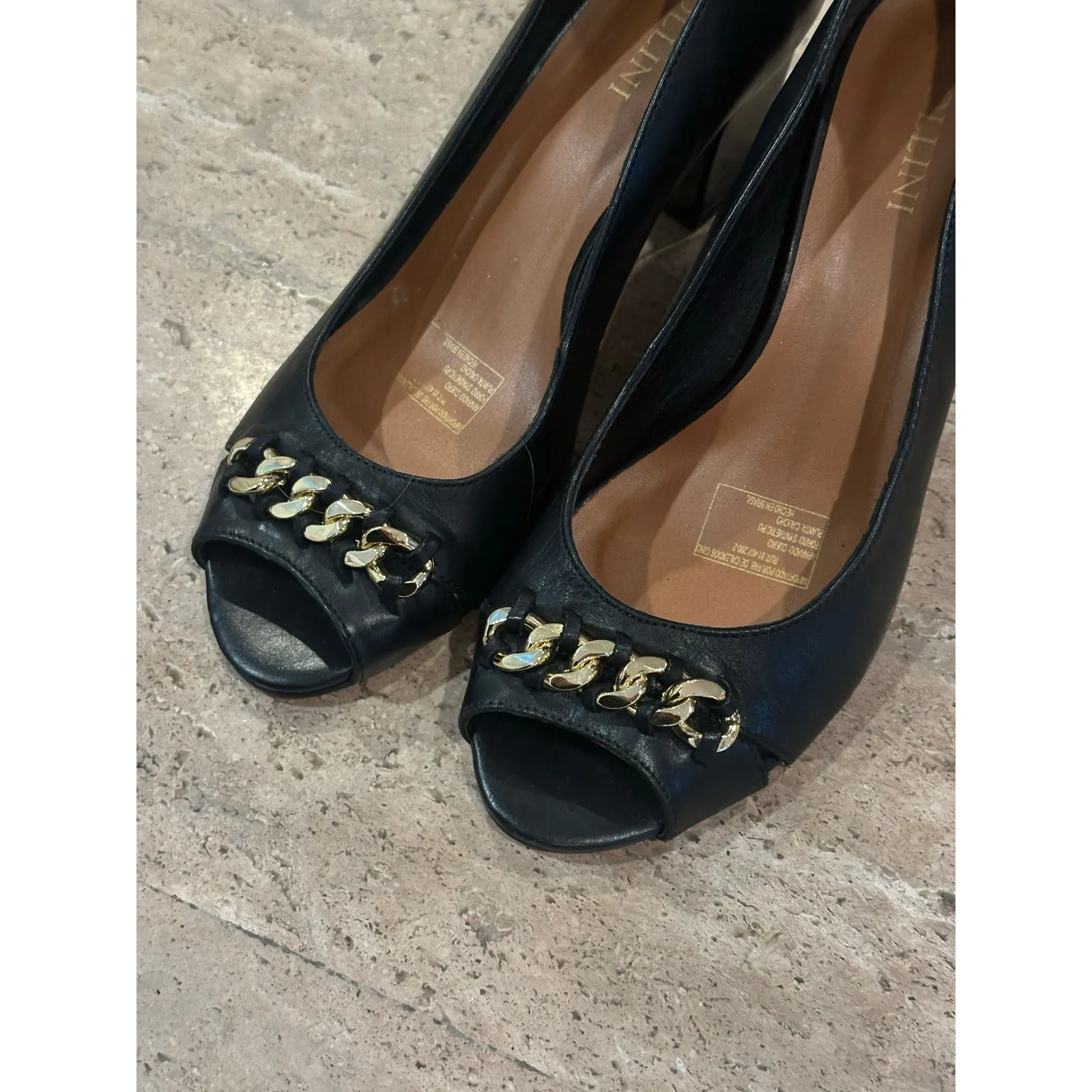 Pollini Peep Toe Block Heel Pump Black Leather size 39 / 8.5 - Image 9