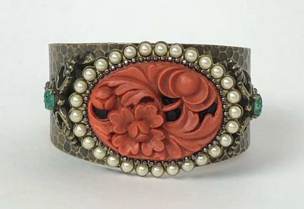 Vintage Ollipop Brass Faux Coral Jade Bracelet Red - Image 8