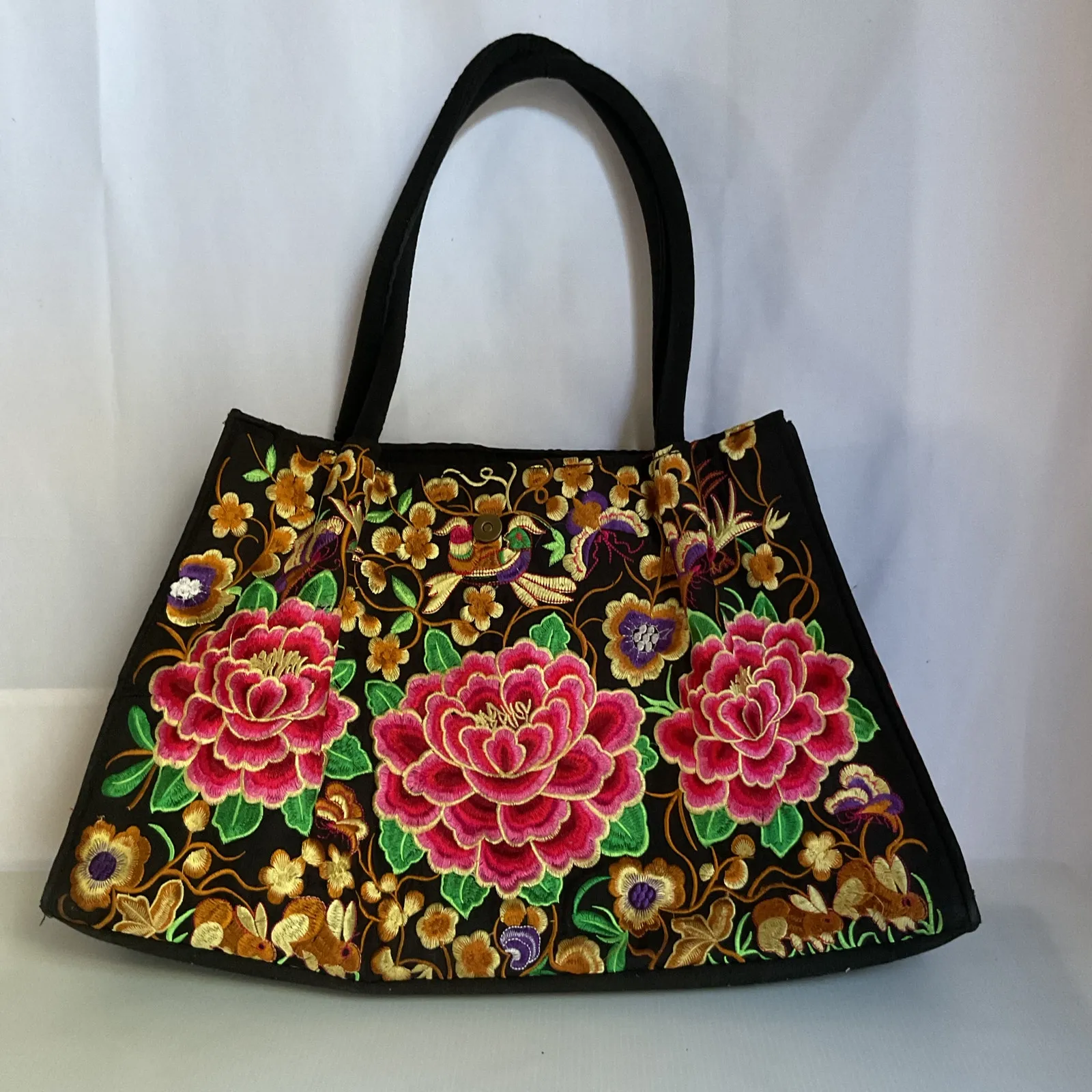 Mexican Artisanal Floral Embroidered Tote Bag Black Handmade Style - Image 2