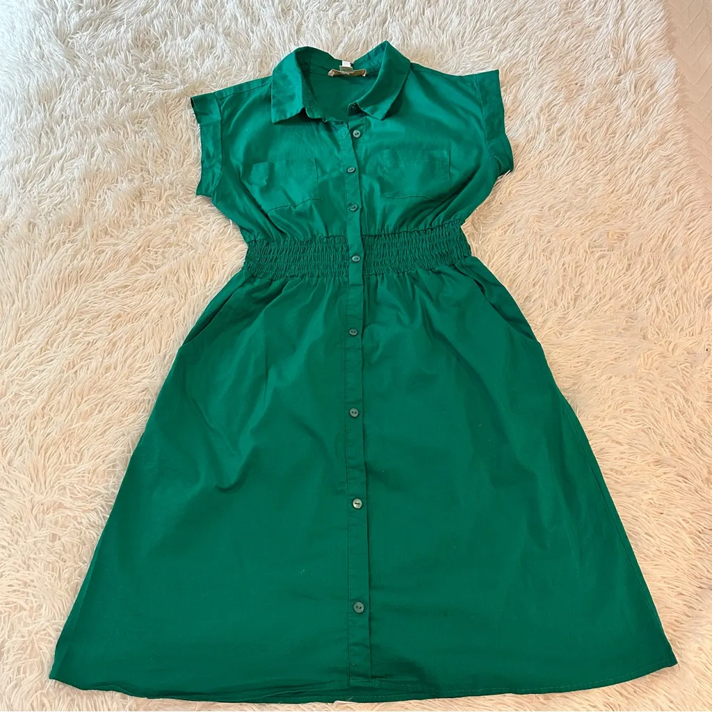 Monteau Los Angeles Emerald Green Button Front Shirtdress – Cinched Waist Medium - Image 13