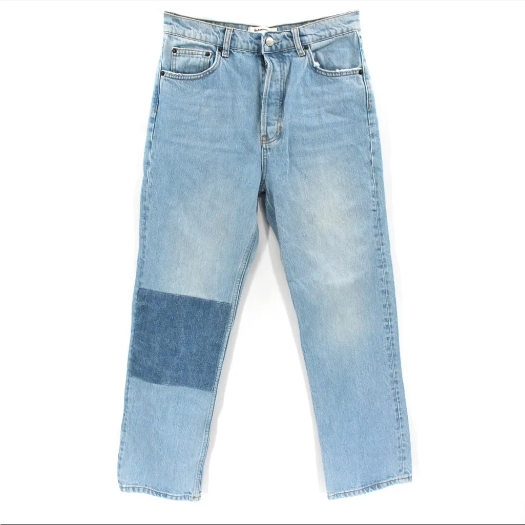 Reformation Cynthia Patch High Rise Jeans Straight Leg Tahoe Wash Blue Denim 26 - Image 3