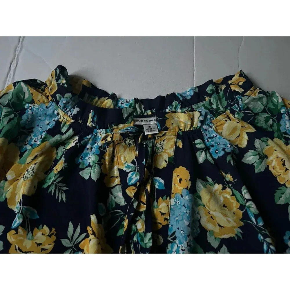 Counterparts Blue Yellow Floral Front Tie Blouse Size 3X - Image 7
