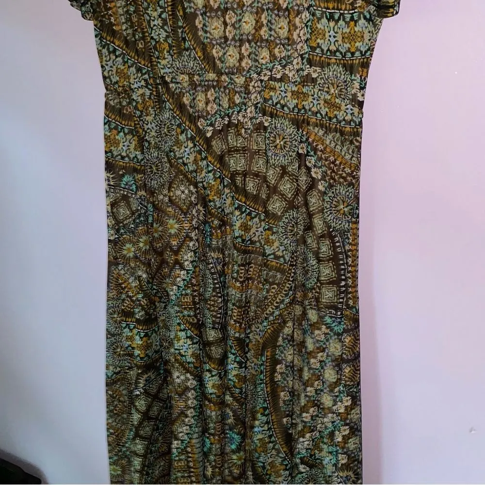 Susan Graver LP Dress Maxi Wrap V Neck Short Sleeve Brown Boho Print - Image 6