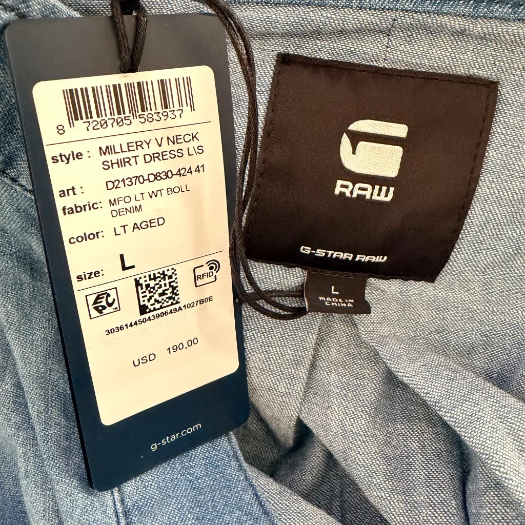 G-Star RAW Millery Denim Shirt Dress L NWT V-Neck Long Sleeve - Image 10