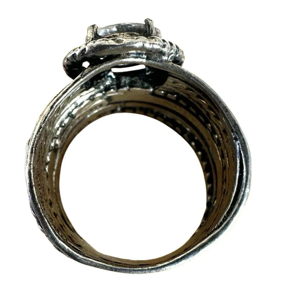 Sterling Silver Israel Wide Band Leaf Ring w/ CZ - Image 9